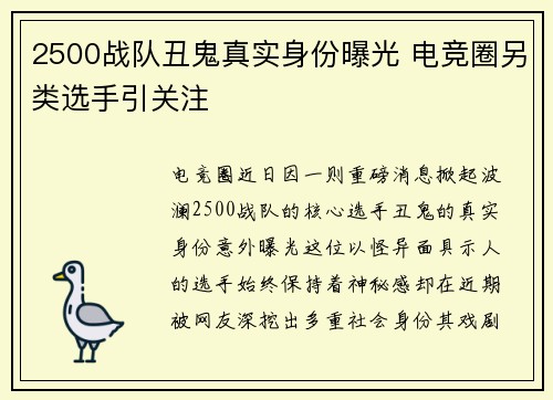 2500战队丑鬼真实身份曝光 电竞圈另类选手引关注