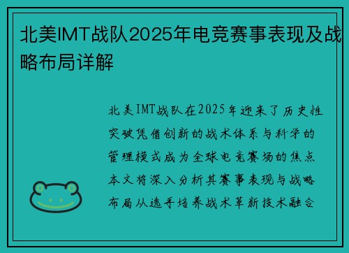 北美IMT战队2025年电竞赛事表现及战略布局详解